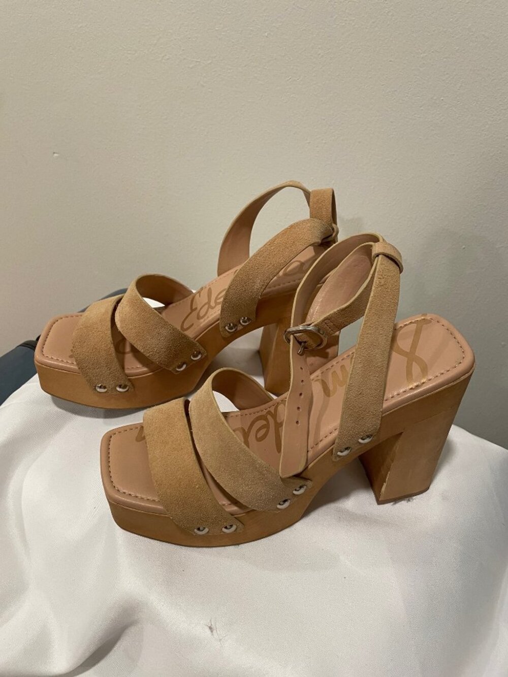 Sam Edelman Tan Suede Wooden Platform Block Heel Sandals/Clogs Size 6M